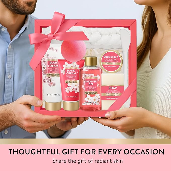 Refreshing Cherry Blossom Christmas Spa Gifts for Women, 8 Piece Gift Set with Bubble Bath, Bath Gift Baskets for Her, Relaxing Care Package with Body Scrub, Lotion, Hand Cream, Soap