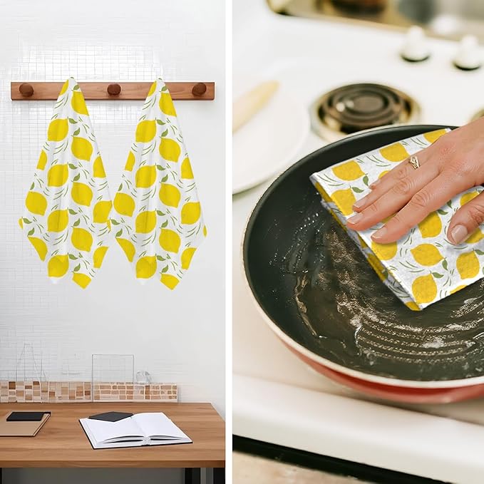 Jztco 2Pcs Lemon Kitchen Towels 24x14 Inch, Lemon Seamless Pattern Hand Towels for Kitchen Home Farmhouse Decor, Absorbent Microfiber Dish Cloth Tea Towel, Housewarming Gifts for Women