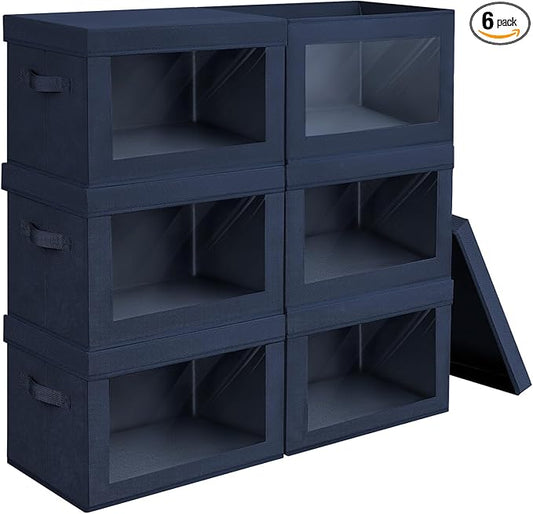 Minimalist 6 Pack Large Fabric Storage Bins with Lids, Navy Blue, 14 Inch. - 6 Count, Ideal for Clothes, Books, CD, Bedroom, Living Room