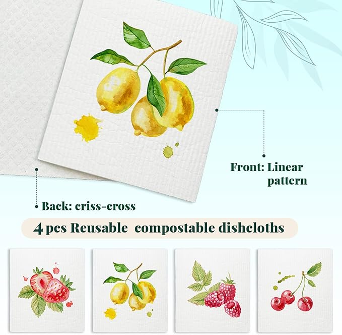Swedish Dishcloths for Kitchen, Spring Swedish Dish Cleaning Cloths for Friut, Papaya Reusable Paper Towels, 4 Pack Dish Towels for Kitchen, Reusable Sponge Cloths Washable