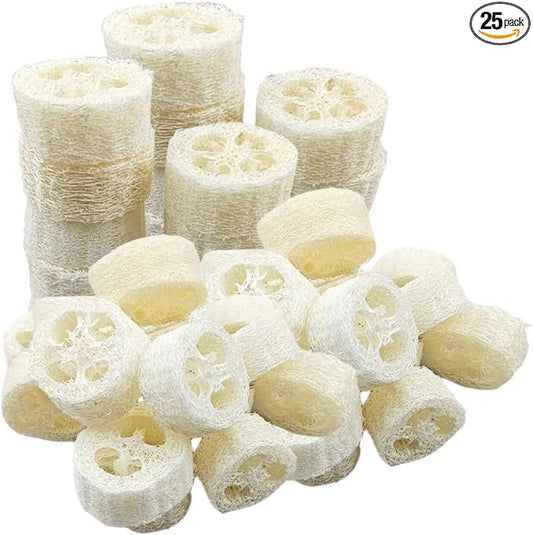 25PCS Natural Loofah Slices, Reusable Natural Loofah Cuts for Cleaner Sponge Scrubber, Facial Soap Holder and DIY Customize Soap Tools with 1 Storage Bag (Diameter 2In, Thick 1In)