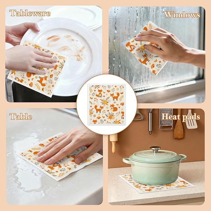 Mixed Fall Animal Swedish Kitchen Dishcloths Dish Towels 6 Pack, Fox Dish Towels for Kitchen, Swedish Dishcloth with Deer, Paper Towels Reusable, Dish Cloth Towel Cleaning Wipe for Home Party