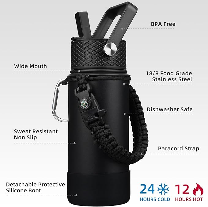 BJPKPK Water Bottle with Straw Lid, 18oz Insulated Water Bottles with 3 Lids, Paracord Handle & Non-slip Boot, Metal Stainless Steel Thermal Flasks, BPA Free Leak Proof Cups, Tumblers,Black