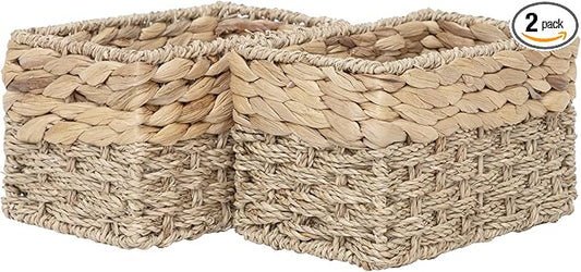Handmade Water Hyacinth Storage Basket, Woven Basket Organizer with Inner Handles for Home & Office Decor (Small-2PCS)