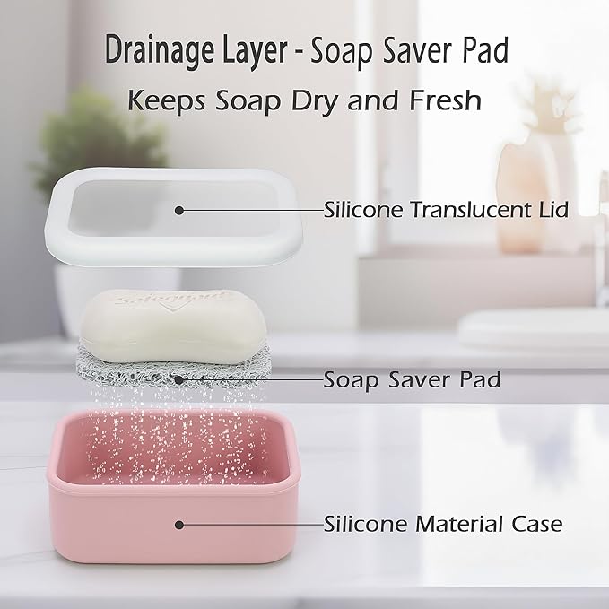 Silicone Bar Soap Travel Case,Compact Leak Proof Soap Dish with A See-Through Lid,Portable Soap Bar Holder for Traveling,Camping,Gym,Outdoor(Clear&Pink)