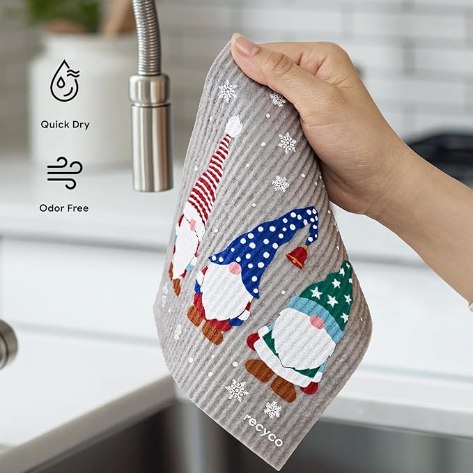 RECYCO Swedish Dishcloths for Kitchen | 4 Pack Cookie Joy Washable Dish Rags | Cellulose Reusable Cleaning Paper Towels | Absorbent Counter Dish Cloth Sponge Kitchen Wipes, 8" L x 7" W