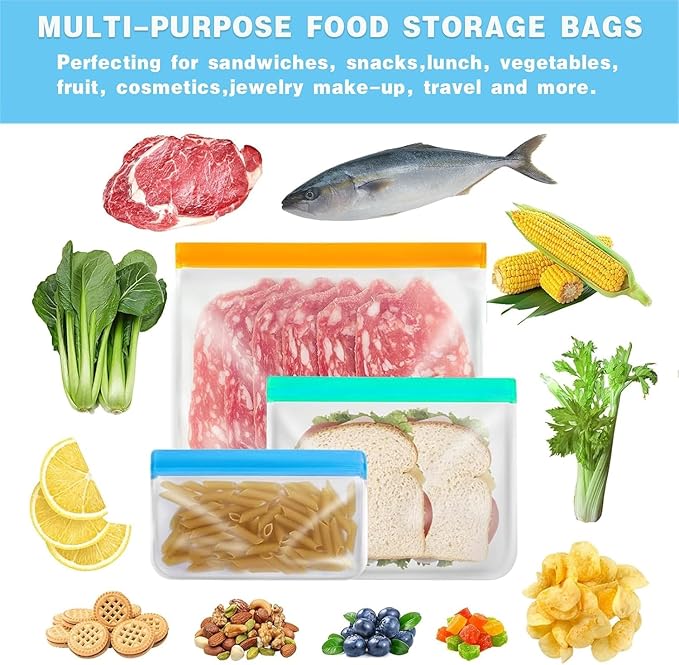 10 Pack Dishwasher reusable bags Silicone,BPA Free, Leakproof Freezer Bags, reusable silicone bags for Lunch Marinate Food Travel - 3 Gallon 4 Sandwich 3 Snack Bags