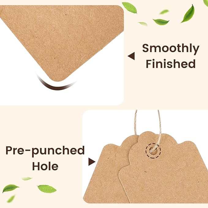 SallyFashion 100pcs Gift Tags with String Attached, 2 x 4 inch Kraft Paper Hang Tags for Clothes DIY Crafts Wedding Holiday (Brown)