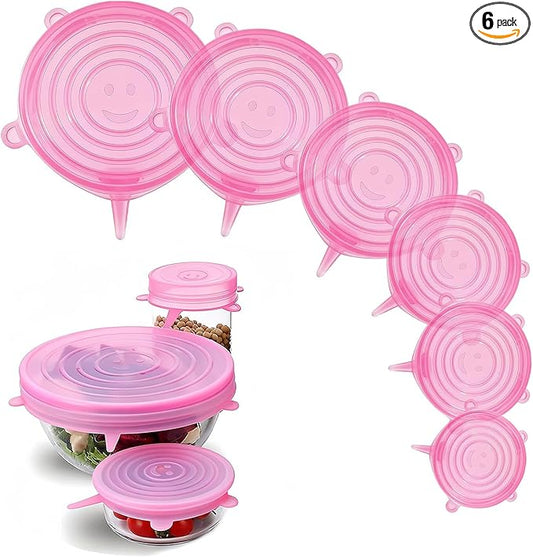 Silicone Stretch Lids – 6 Pack Reusable Food Covers,Flexible Silicone for Bowls, Containers, Fruits – Airtight & Leakproof Seal for Kitchen Storage(pink)
