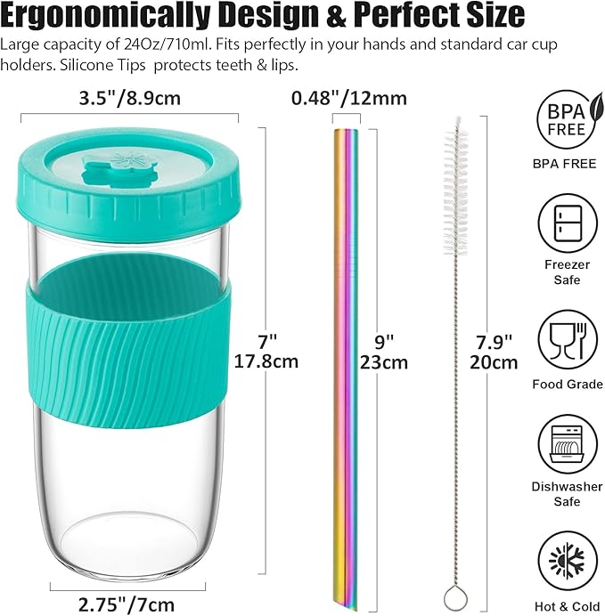 Reusable Glass Mason Jars Cups with Lids and Straws Silicone Sleeves, 4 Pack 24Oz Wide Mouth Smoothie Cups Glass Bubble Tea Cup, Leakproof drinking glasses Water Bottle Travel Tumbler for Large Pearl