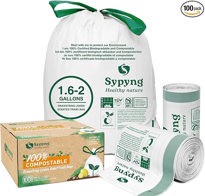 Compostable Kitchen Waste Trash Bags 1.6-2 Gallon (100 Pack) Heavy Duty 100% Biodegradable White Compost Bags for Countertop Bin, ASTM D6400, BPI & OK Compost HOME Certified, Eco-Friendly & Recyclable