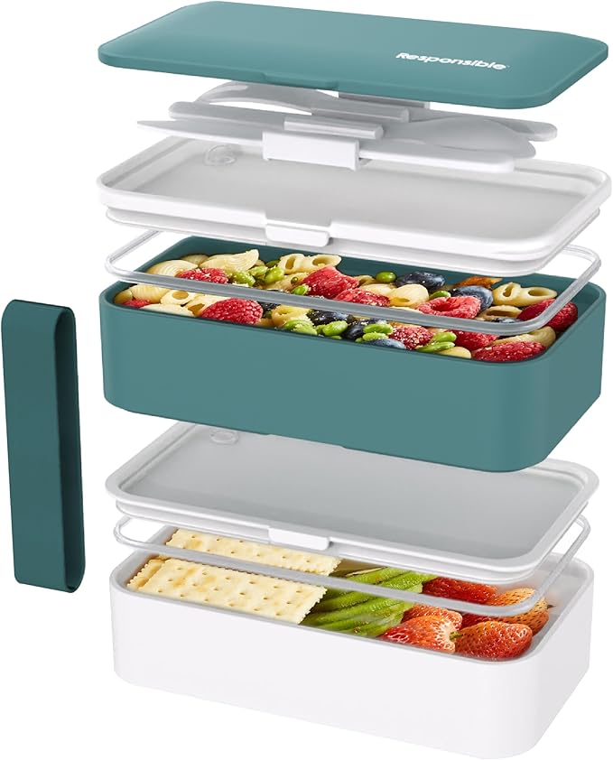 Responsible Products Leak Resistant Bento Box with Tableware for Adult - Teens, Insulated Lunch Box for Women - Men - Girls - Boys, BPA Free, Dishwasher Safe, Microwave Safe, Freezer Safe, 46 oz