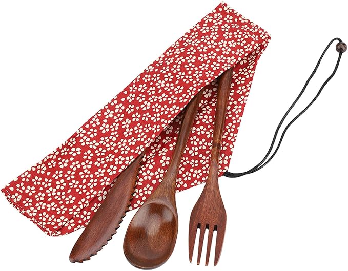 Japanese Style Bamboo Travel Utensils Set, Reusable Bamboo Utensil Fork Knife Spoon Dinnerware Set for Travel Picnic Office School(With Red Storage Bag)