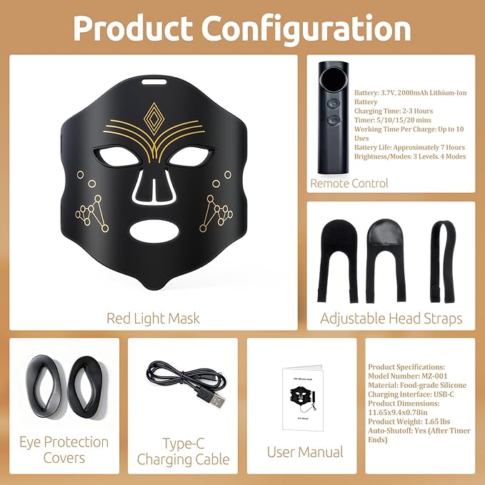 Red Light Mask for Face – LED Face Mask with 4 Modes, 3 Brightness & USB Charging, Adjustable Headband for Daily Home Skincare & Travel (Black)
