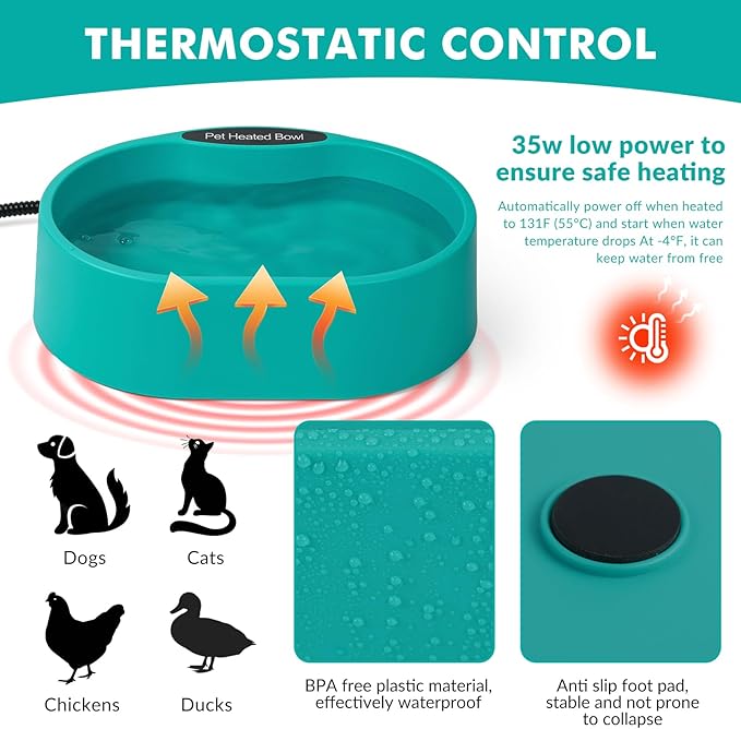 Large Heated Pet Water Bowl for Dogs,Cats,Chicken, Heated Dog Water Bowl Outdoor Heated Water Bowl for Cat, 3.7L Heated Dog Bowl-Keep Water Warm in Winter, 35W Thermostatic Control and Anti Chew Cord