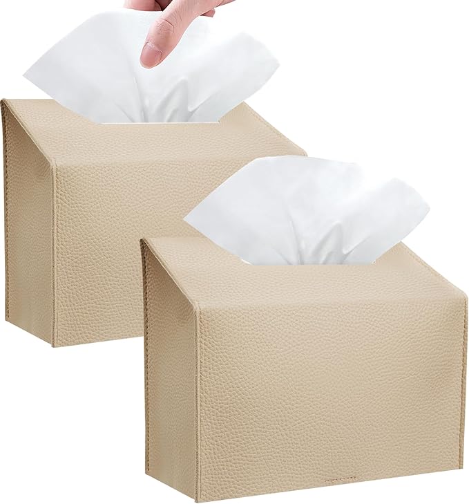 Tissue Box Cover Holder Compatible with Kleenex Disposable Paper Hand Towels, Leather Paper Towel Dispenser for Tabletop, Bathroom, Car, Office (Beige-2 Pack)