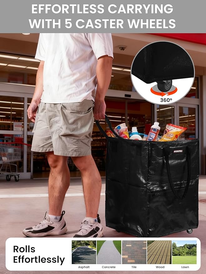 WORKPRO Large Reusable Grocery Bag on Wheels, Heavy Duty Rolling Shopping Tote with Handle, Folding Trolley on 5 Caster Wheels for Groceries, Laundry, Camping, Moving