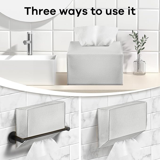 Disposable Hand Towel Box Cover Compatible with Kleenex Disposable Paper Hand Towels, Leather Tissue Box Cover Holder for Bathroom Holder (Silver-2 Pack)