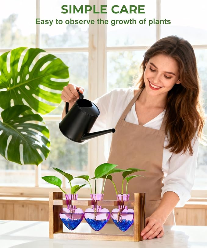 Nacome Plant Terrarium Propagation Stations: Air Planter 3 Bulb Glass Heart Shaped Vase with Wooden Stand for Hydroponics Home Office Decor - Christmas Gifts for Plant Lovers Women Mom Wife(Purple)