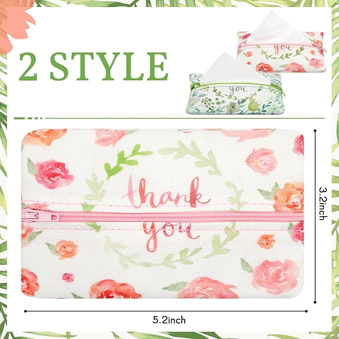 Kigeli 2 Pieces Purse Tissue Holder Travel Tissue Pouch for Purse Fabric Zipper Enclosed Pouches Reusable Flower Pattern Paper Holder for Coins, 5.25 x 3 Inches(Flower and Leaf)