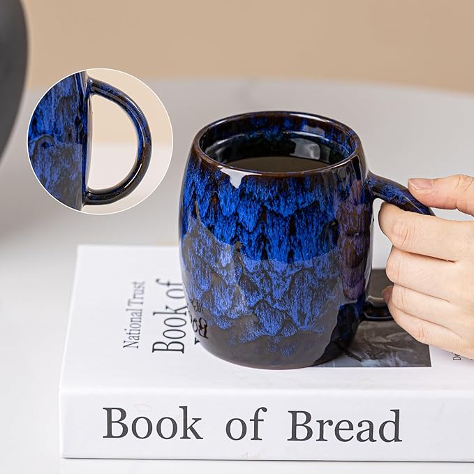 Midnight Blue Ceramic Coffee Mug 15oz - Handcrafted Artisan Mug with Large Comfortable Handle, Unique Design for Coffee Lovers, Dishwasher Safe