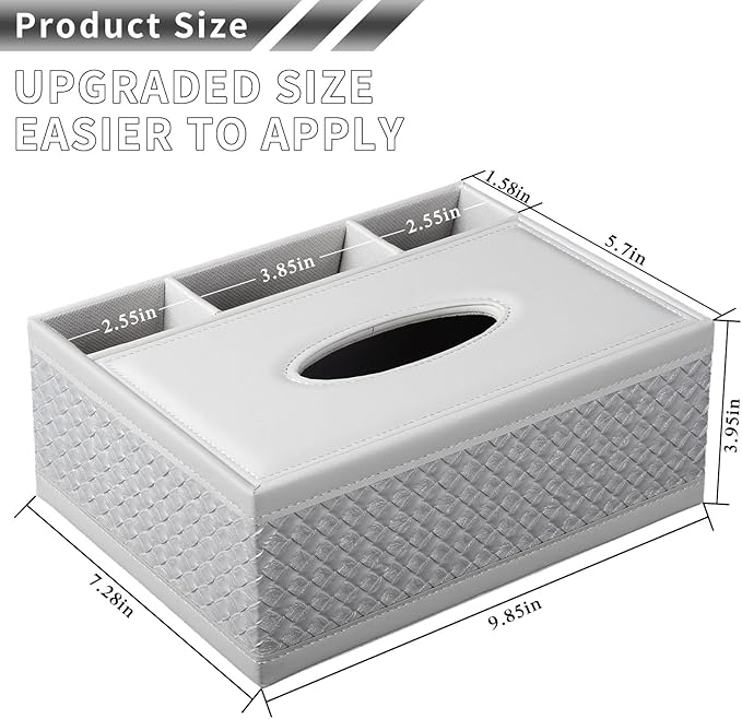 Multifunction PU Leather Tissue Box Holder with Stationery Remote Control Box, Decorative Tissue Pen Pencil Remote Organizer for Home and Office Use(White)