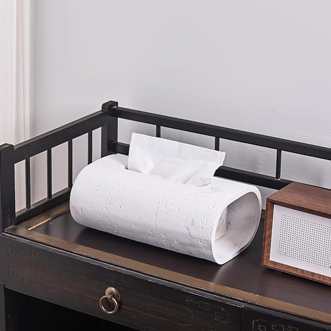 Natural Travertine Textures Tissue Box Holder Rectangle, Resin Facial Tissue Holder Cover, Decorative Bulk Tissue Paper Dispenser for Bathroom Kitchen Bedroom Living Room Office (White)