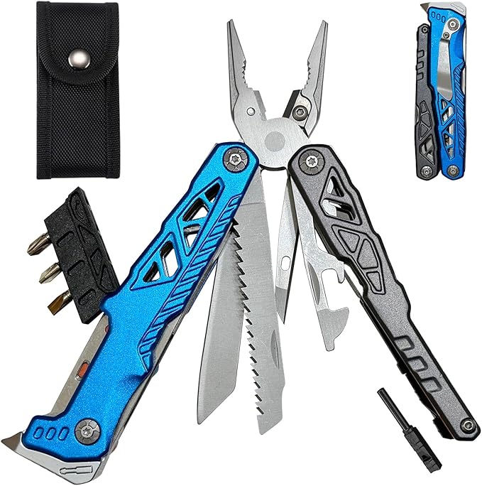 17-in-1 Multitool Pliers with Nail Puller, Saw Screwdrivers, Bottle Opener,Carrying Pouch,High-carbon Steel Multi Tool Ideal for Camping Survival and Gift Blue and Silver