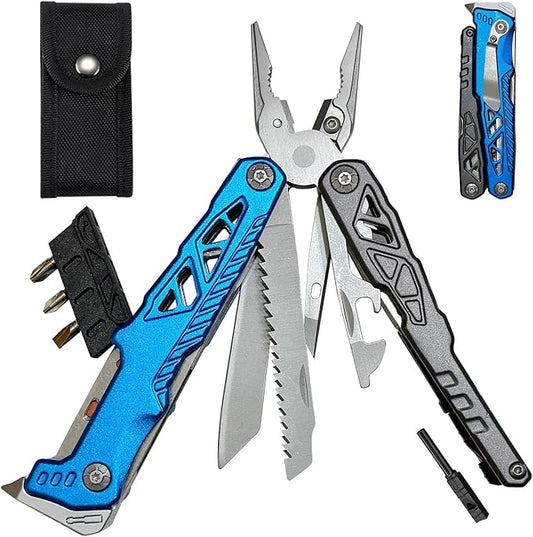 17-in-1 Multitool Pliers with Nail Puller, Saw Screwdrivers, Bottle Opener,Carrying Pouch,High-carbon Steel Multi Tool Ideal for Camping Survival and Gift Blue and Silver