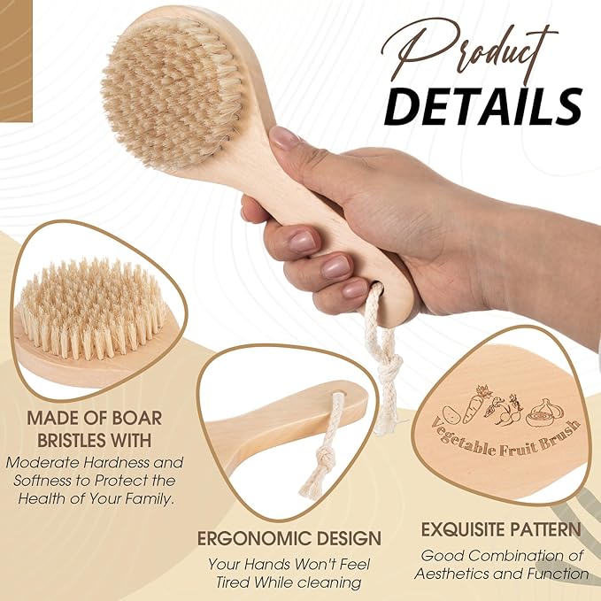 2 Pcs Wooden Potato Scrubber Brushes with Handle Vegetable Brushes for Fruit Food Potato Carrot Cucumber Veggie Produce Pans Pots Cleaning