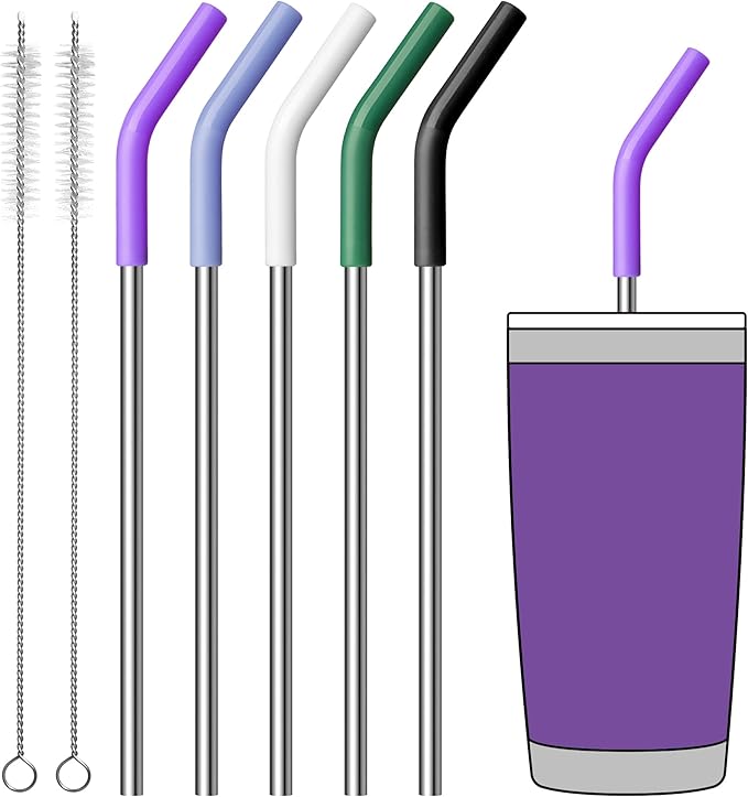 Metal Straws Reusable for 20 oz YETI Tumbler Mug, 8.5”Stainless Steel Reusable Drinking Straw with Silicone Tips for 20 oz Tumbler,1 Portable Bag