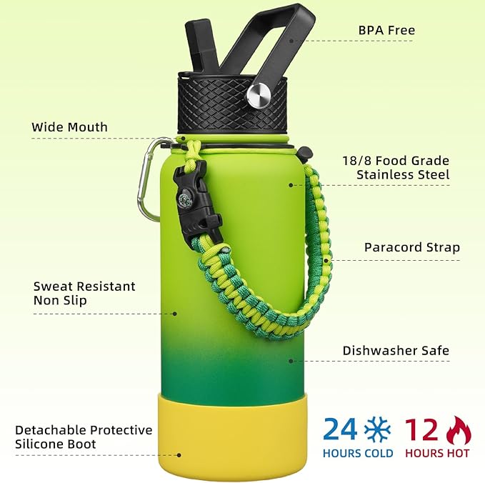 BJPKPK 32oz Insulated Water Bottles with 3 Lids, Paracord Handle & Non-slip Boot, Stainless Steel Metal Water Bottle,Reusable BPA Free Thermal Flasks, Tumblers, Bamboo Grove