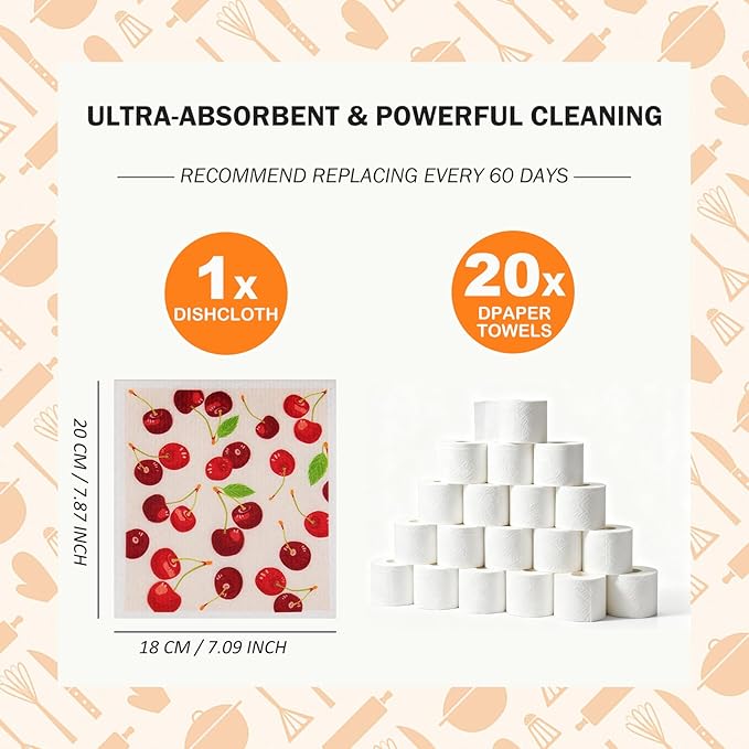 Swedish Dishcloths for Kitchen, 5 Large Square Super Absorbent Washable Paper Towels with 2 Small Thick Reusable Swedish Dish Cloths, Quick Drying Cleaning Rags