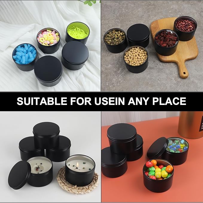 42 Pack Round Cans with Screw Lid 7 Oz Aluminum Metal Tins DIY Food Candle Containers for Lotion Bars, Balms, Salve, Spices, Beard Balm, Crafts with 4 Markers 6 Sheets Label Stickers (Black)