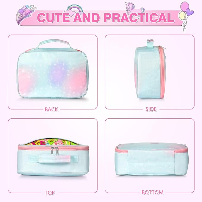 Lunch Box Kids, 11" L x 7" W x 3.5" H, Waterproof Reusable Insulated Lunch Bag for Girls, Cooler Bento Boxes Containers & Snacks for Elementary School Travel (Star Purple)