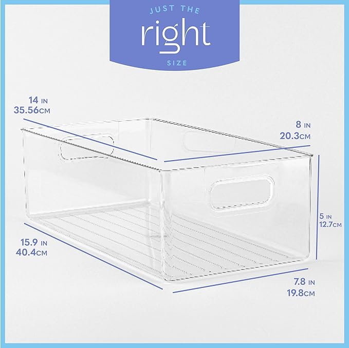 primebox Plastic Food Storage 4 Pack Clear Container Bin with Handles for Organizing Kitchen, Pantry, Refrigerator, Freezer, Pantry, Cabinet, Closet, Bathroom. 14”x8”x5”