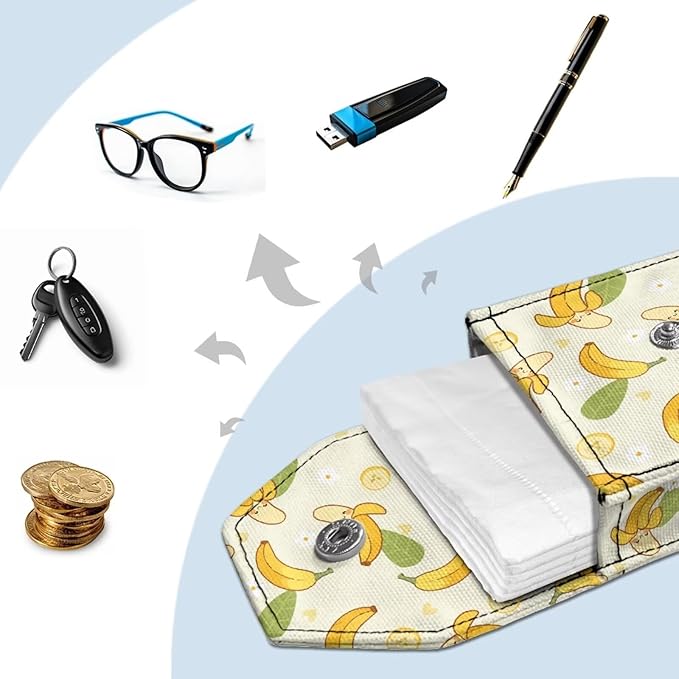 Pocket Tissue Holder Portable Travel Tissue Holder Snap Button Enclosed Reusable Canvas Purse Size Tissues Packs Banana