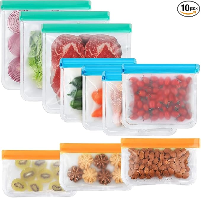 10 Pack Dishwasher reusable bags Silicone,BPA Free, Leakproof Freezer Bags, reusable silicone bags for Lunch Marinate Food Travel - 3 Gallon 4 Sandwich 3 Snack Bags