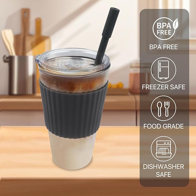 Black Glass Cups with Lid and Straw, 16 oz Glass Coffee Cup, Reusable with Temperature Sensitive Silicone Sleeve and Silicone Straw,Travel Iced Coffee Cup for Juice andMilk Tea (single pack)