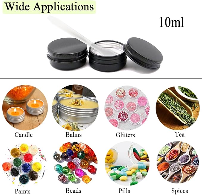 10ml Aluminum Tin Jar, 1/3 oz Makeup Containers, 10g Aluminum Screw up Lid Small Round Container Bottle for Cosmetics, Lip Balm, Cream, Toner, Eyeshadow, Candle Tea Beads, 24 Pack Black Tins