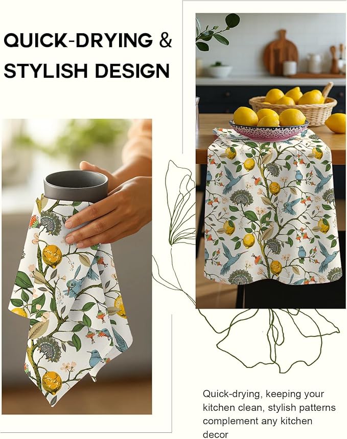 Flour Sack Kitchen Towels Set of 2-18x26 Cotton Dish Towels with Hanging Loop Reusable Tea Towel for Cleaning Spring Absorbent Dishcloths Cute Home Decor Housewarming, Lemon Birds