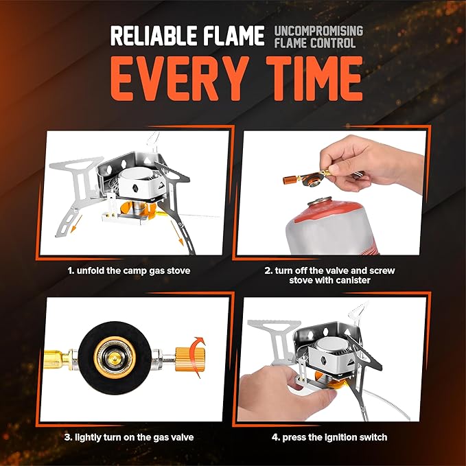 3500W Camping Stove, Backpacking Windproof Camp Stove with Piezo Ignition Carrying Case and 2 Additional Adapters, Compatable with Isobutane, Propane, Butane Tanks, Portable and Collapsible