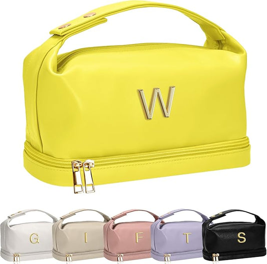 Women Gift Ideas, Personalized Makeup Bag with Handle, Initial Double Layer Cosmetic Bag with Makeup Brush Organizer, Cute Cosmetic Pouch for Women, Gifts for Friends Female Mom
