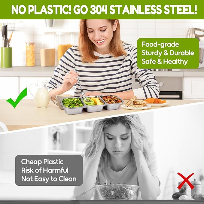 3 Pack Snack Containers with Leakproof Lids 304 Stainless Steel Bento Lunch Box Divided Food Containers for Home officer Gym Travel (3+3+3)