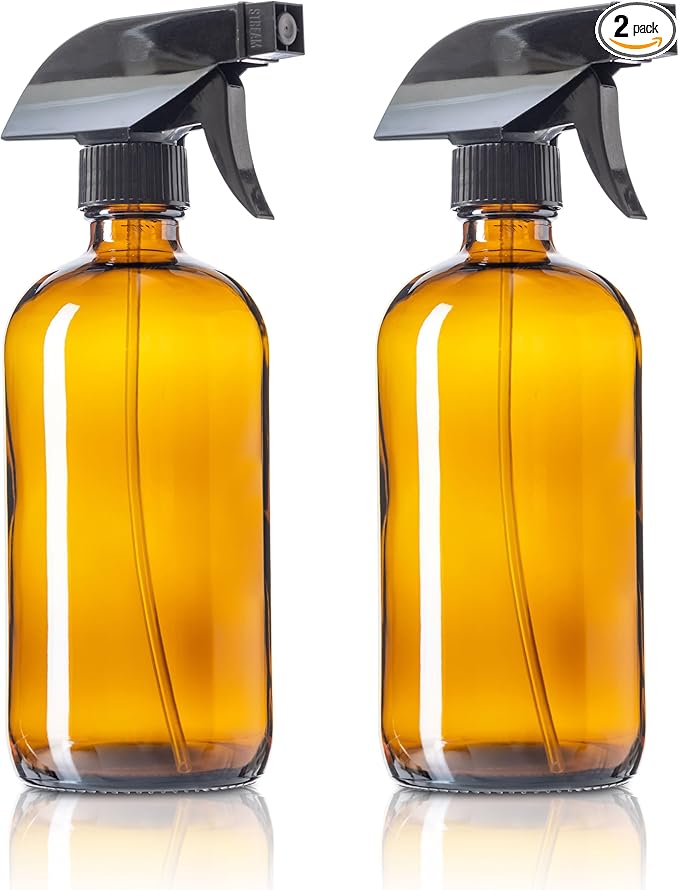 16oz Amber Glass Spray Bottles for DIY Essential Oil Cleaning Solutions, Household, Pets, Plants, 2 Pack