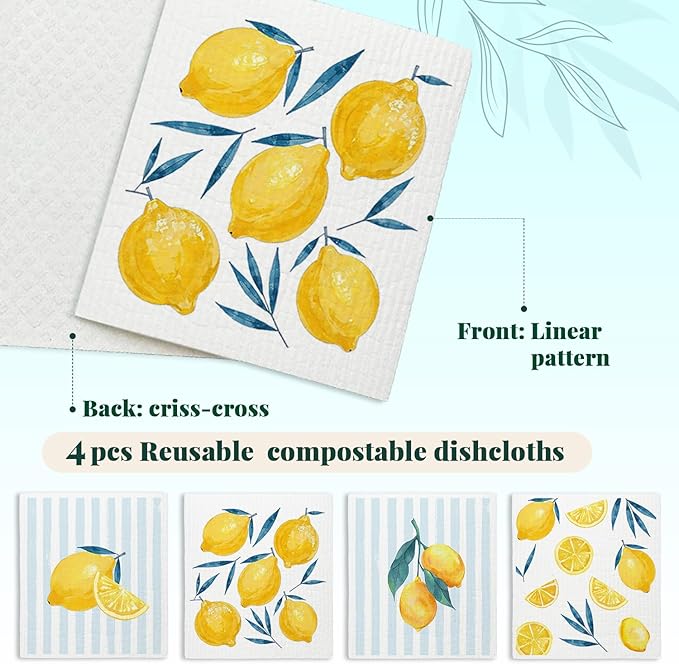 Lemon Swedish Dishcloths for Kitchen, Swedish Dish Cleaning Cloths for Friut, Papaya Reusable Paper Towels, 4 Pack Dish Towels for Kitchen, Reusable Sponge Cloths Washable