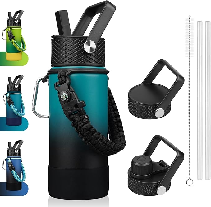 BJPKPK Water Bottle with Straw Lid, 18oz Insulated Water Bottles with 3 Lids, Paracord Handle & Non-slip Boot, Metal Stainless Steel Thermal Flasks, BPA Free Leak Proof Tumblers,Army Green & Black