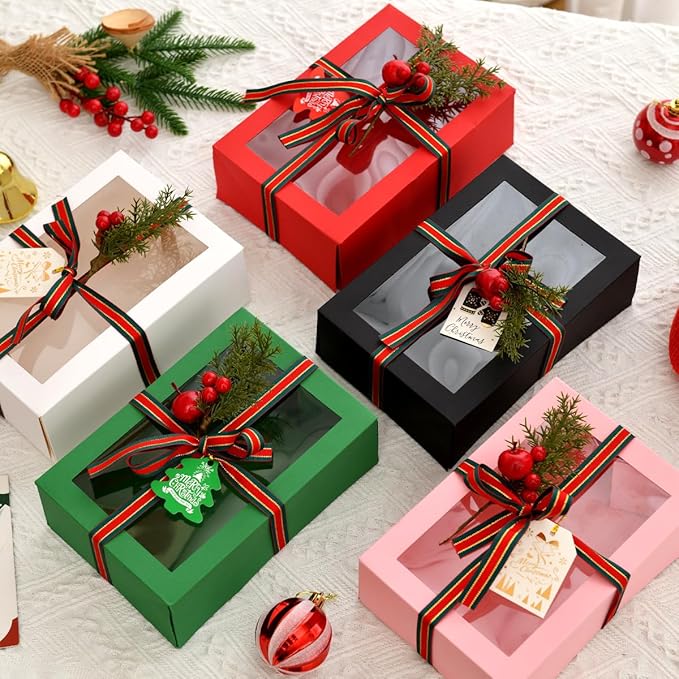 12 Pack Christmas Gift Boxes with Clear Window, Red Christmas Gift Boxes with Ribbon, Pine Sprigs & Berry Decorations for Holiday Wrapping, 8.7x5.9x2.8 Inch (black)
