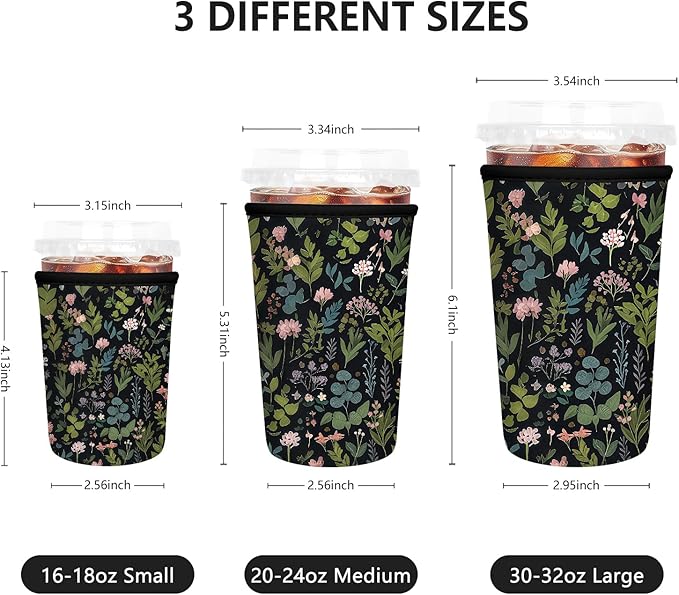 Iced Coffee Sleeve, Reusable Insulated Neoprene Cup Sleeve for Cold & Hot Drinks Beverages, Cup Holder for 16oz-18oz Coffee Cups,Black Flowers