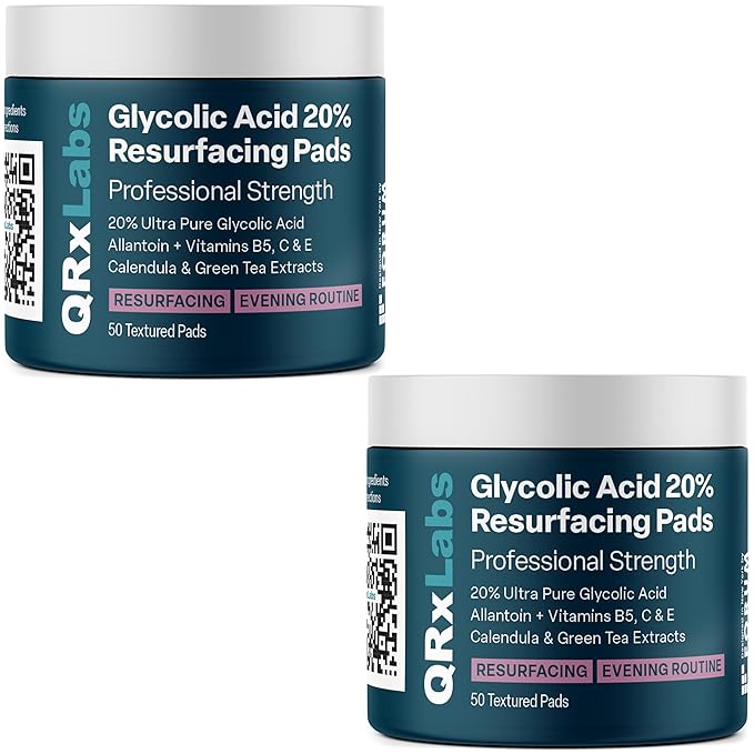QRxLabs Glycolic Acid Pads - 20% Resurfacing Pads AHA for Face & Body - Exfoliates Skin Surface and Reduces Apperance of Fine Lines and Wrinkles - Daily Pads - 50ct 2PK